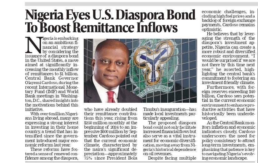 Nigeria Eyes US Diaspora Bond to Boost Remittance Inflows and Strengthen Economy