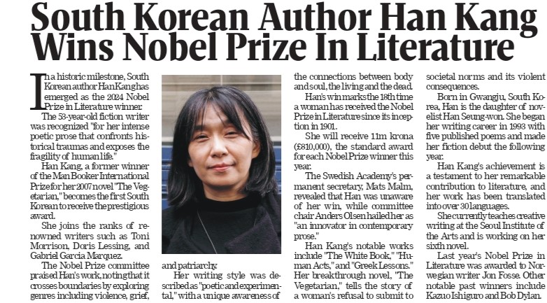 South Korean Author Han Kang Wins Nobel Prize in Literature