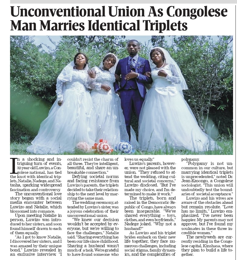 Congolese Man Marries Identical Triplets in Unique Wedding Ceremony